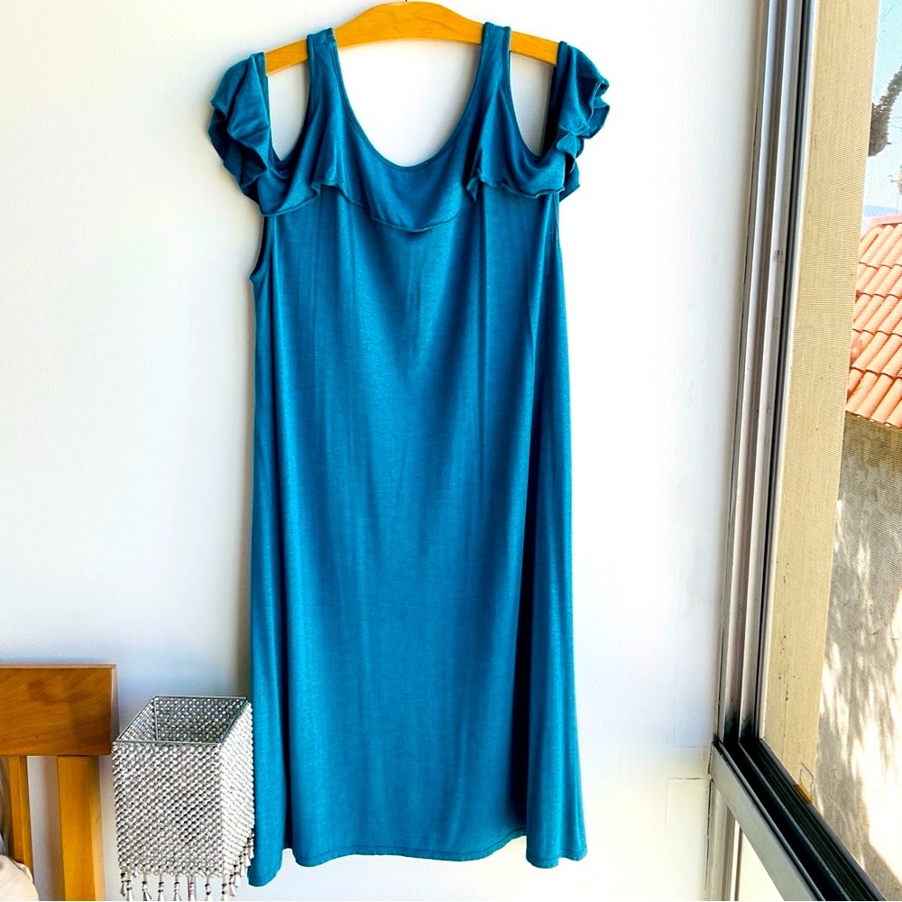NWOT Max Studio Blue Cold Shoulder Flutter Sleeve Ruffled Midi Dress